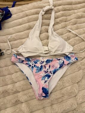 White Halter Top & Pink Floral Bikini Bottom Two-Piece Swim Set